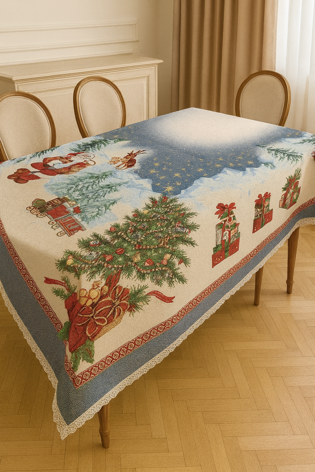 Fata de masă tip goblen – model Crăciun „Noapte de iarnă cu Moș Crăciun”  (țesută, nu imprimată)