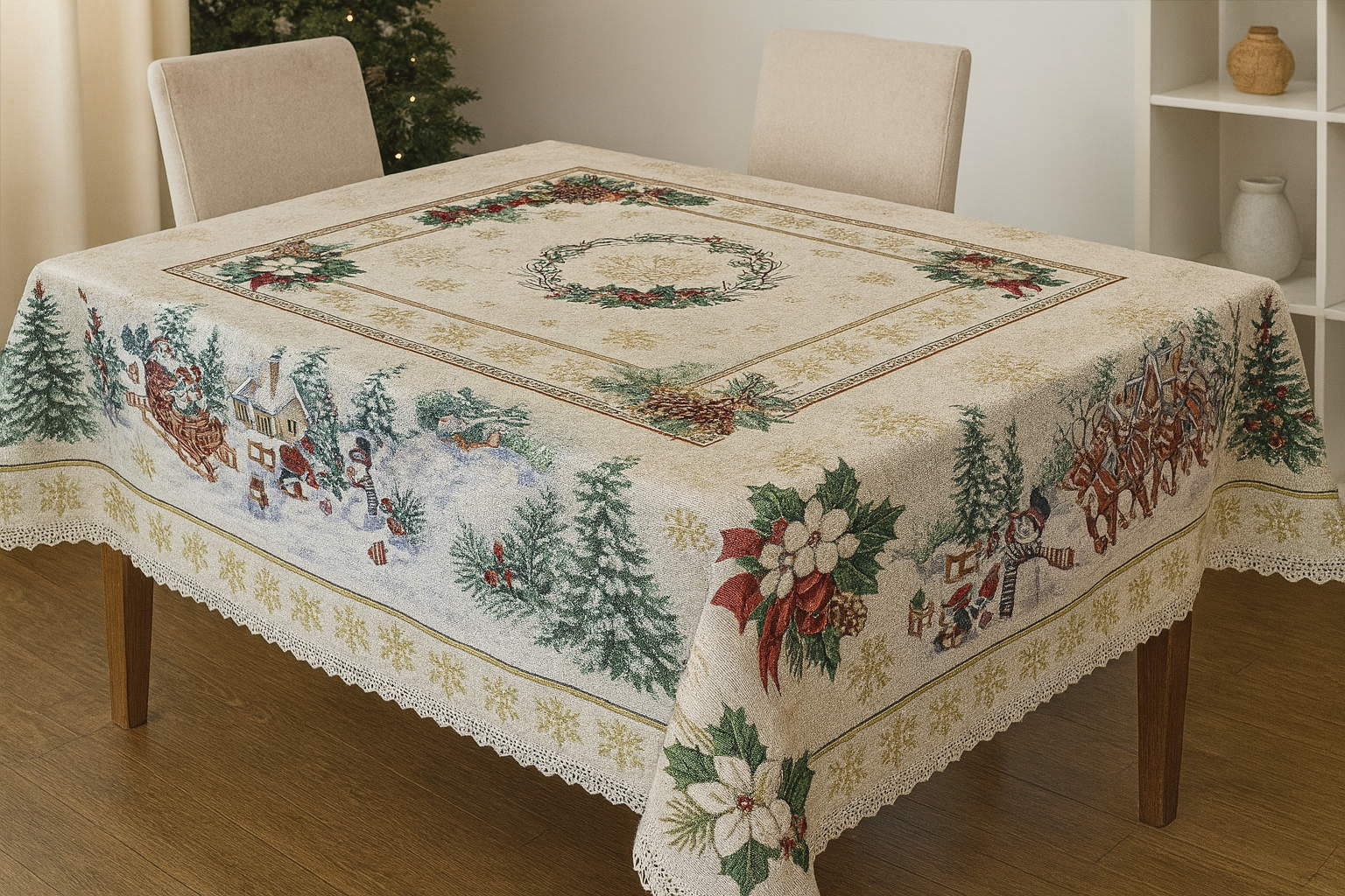 Față de masă Crăciun – Poinsettia Roșie (1m x 1m / 100x100 cm) țesută (nu imprimată)