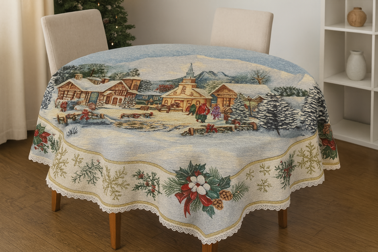 Față de Masă Rotundă Crăciun Ø140 cm – Poveste de Iarnă în Zăpadă