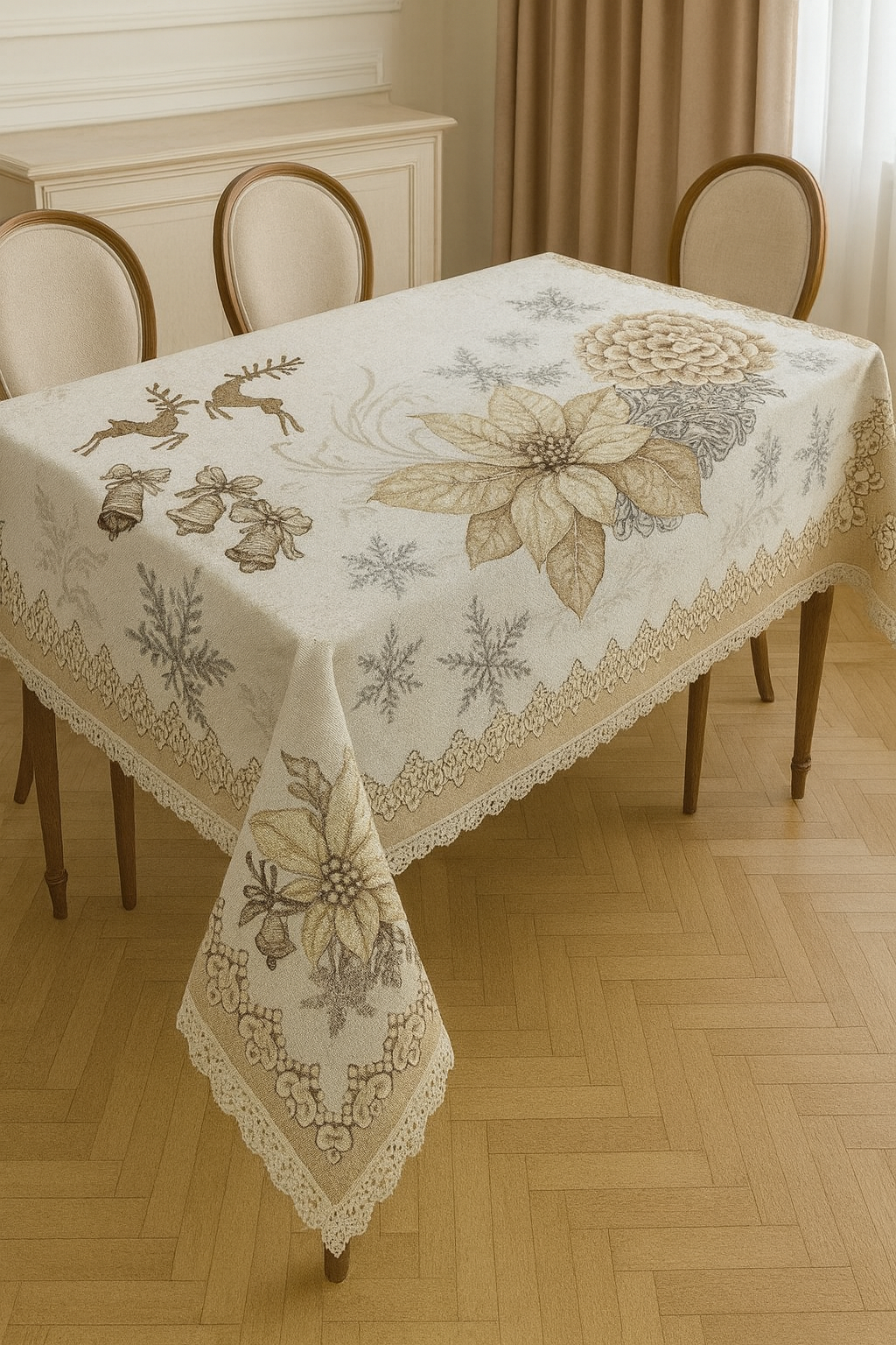 Fata de masă tip goblen – model Crăciun „Coroniță cu ren” (țesută, nu imprimată)