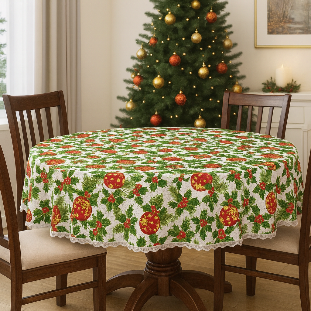 Noapte de Sărbătoare Rotunda – Față de Masă cu Globuri Roșii și Ilex | Antipată