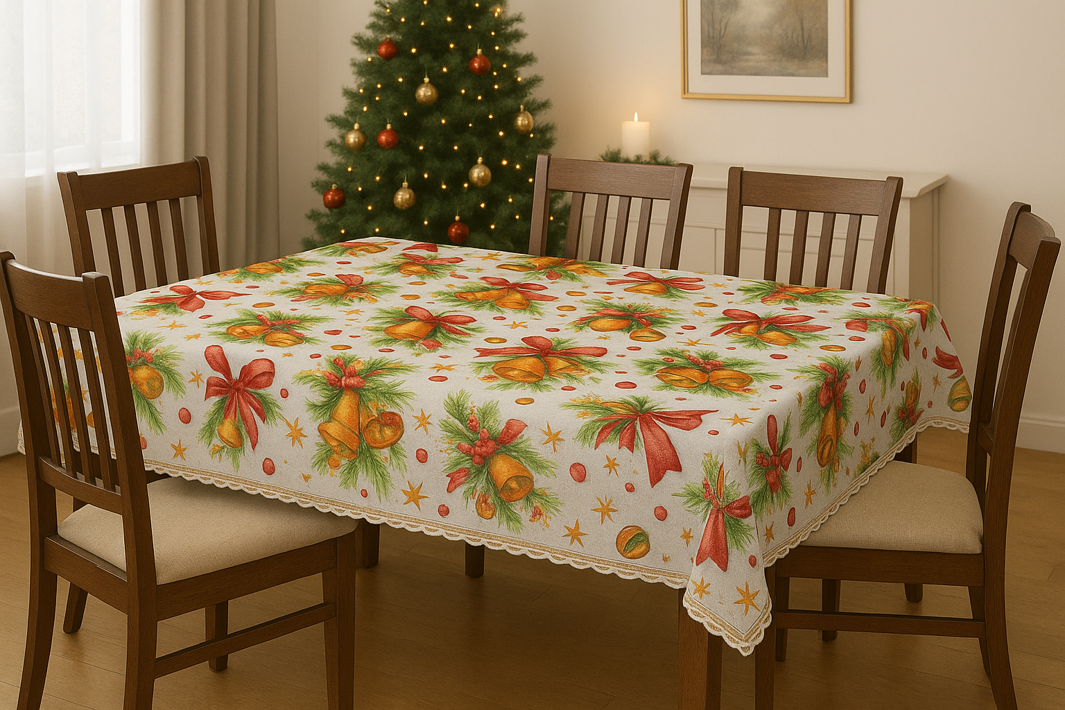 Față de Masă de Crăciun – Clopoței Aurii & Fundițe Roșii (Antipete)