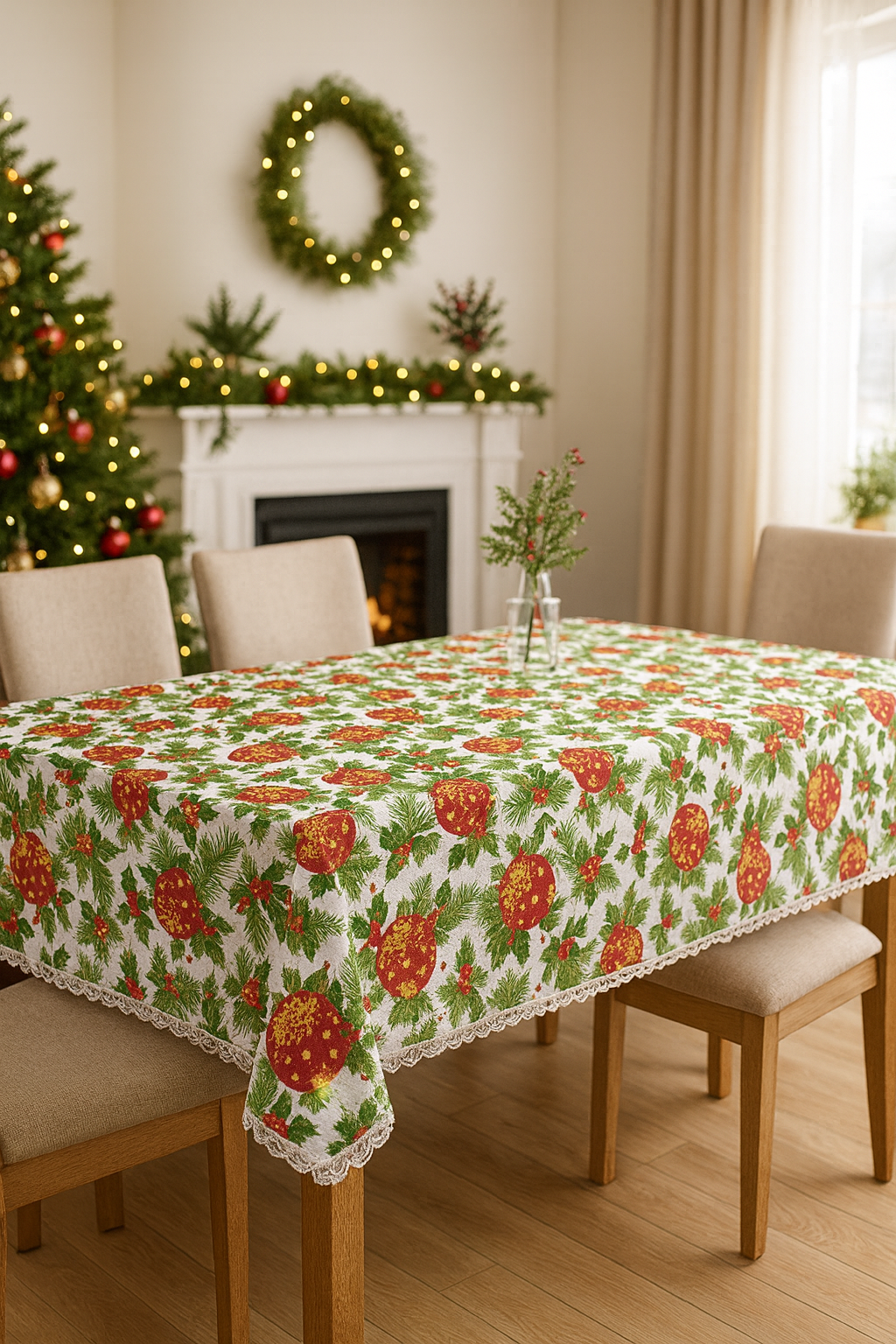 Noapte de Sărbătoare – Față de Masă cu Globuri Roșii și Ilex | Antipată