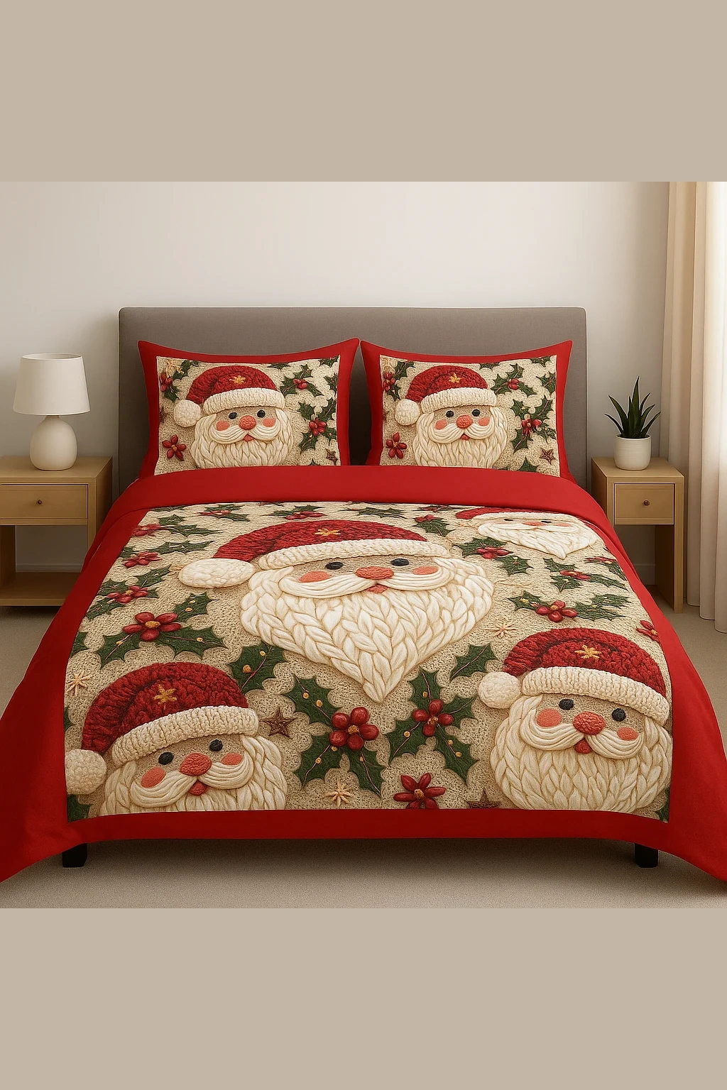 „Moș Tricotat & Ilex” – Lenjerie de Pat Crăciun, Roșu Rubin | Ranforce Lux – Lenjerie de Pat Crăciun, Bumbac Ranforce Lux 5D (6 piese)