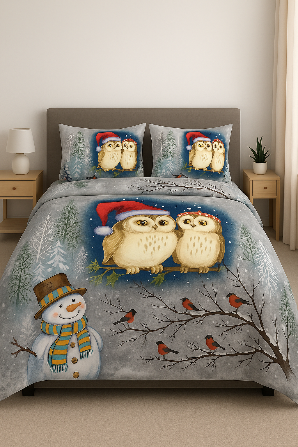 Bufnițe de Crăciun în Pădurea de Argint” – Lenjerie Satin din Bumbac 100% | Supercalitate