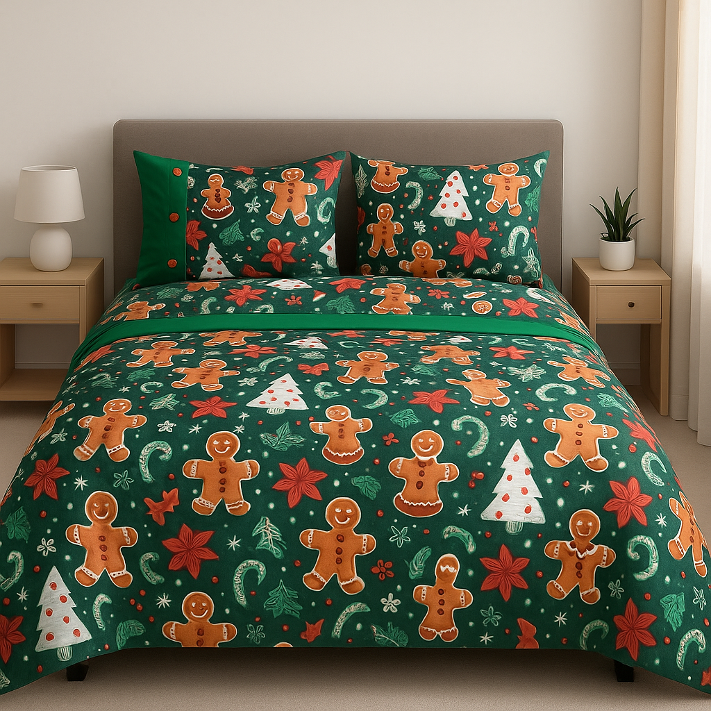 „Turtă Dulce pe Verde Smarald” – Lenjerie de Pat Crăciun, Bumbac Ranforce Lux 5D (6 piese)