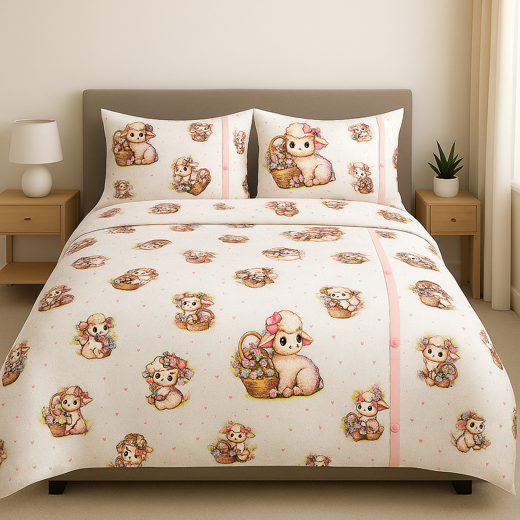 „Mielușei cu Flori & Unicorni în Praf de Stele” – Lenjerie de Pat Finet cu Bentiță Roz (2 fețe pernă)