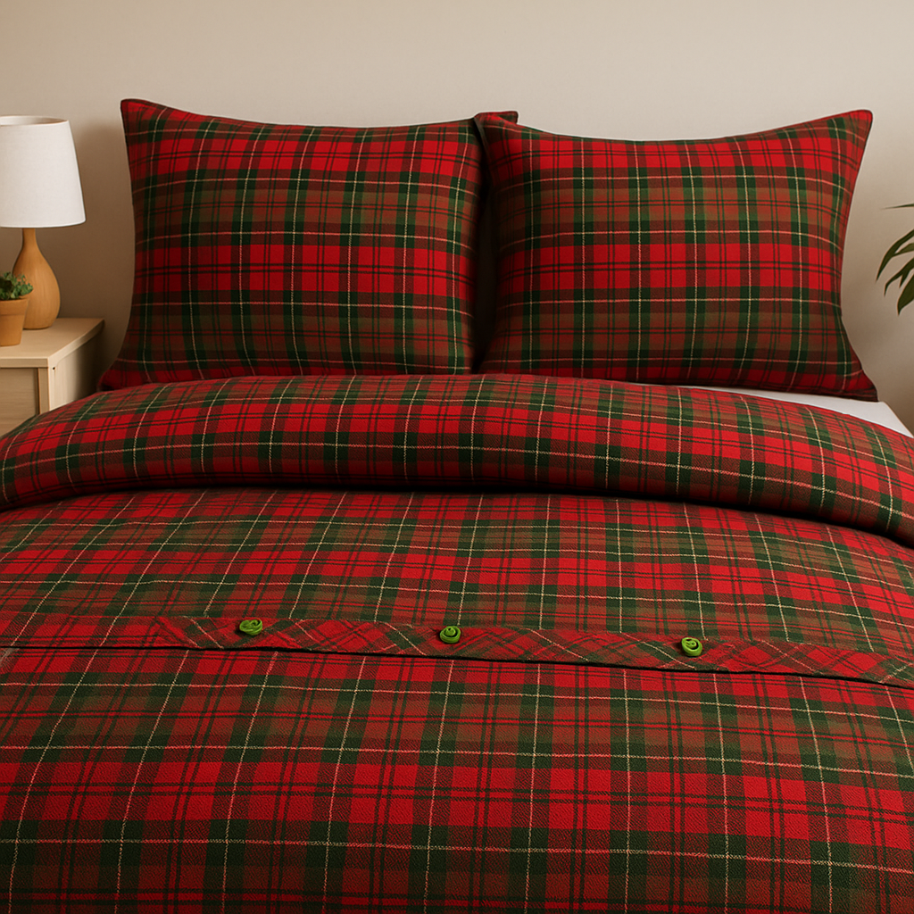 „Carouri de Colind” – Lenjerie de Pat din Finet (Bumbac 100%) | Roșu–Verde Festiv