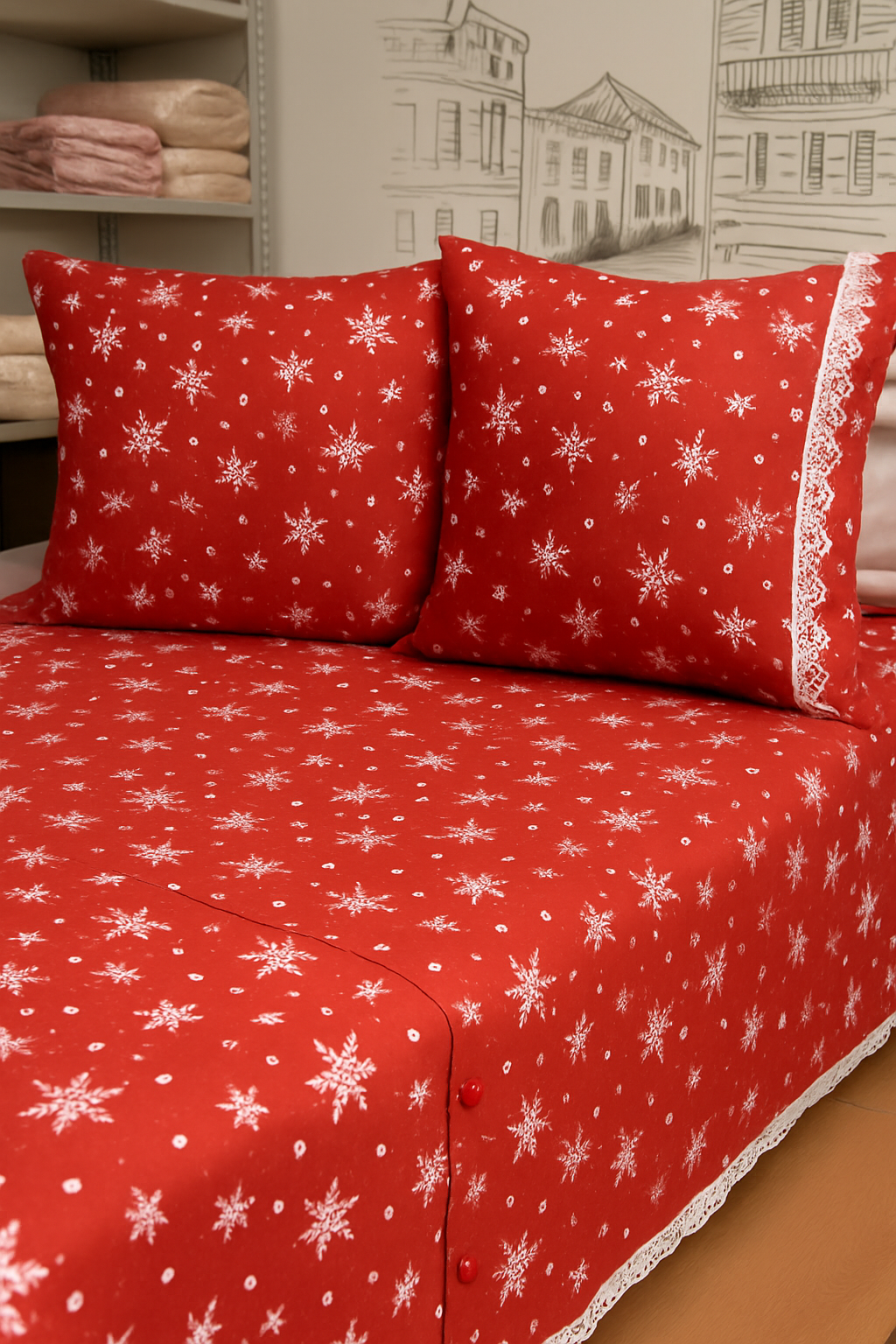 „Ninsoare Rubinie” – Lenjerie de Pat Roșie cu Fulgi Albi (Bumbac 100%) | Set 4 piese