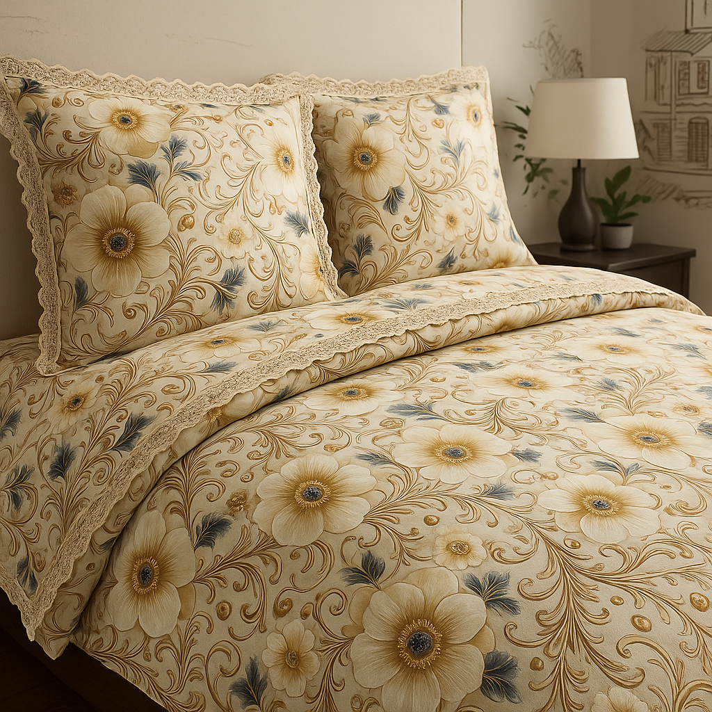 Aur de Magnolie – Lenjerie de Pat Ranforce Lux 5D cu Dantelă | 6 piese