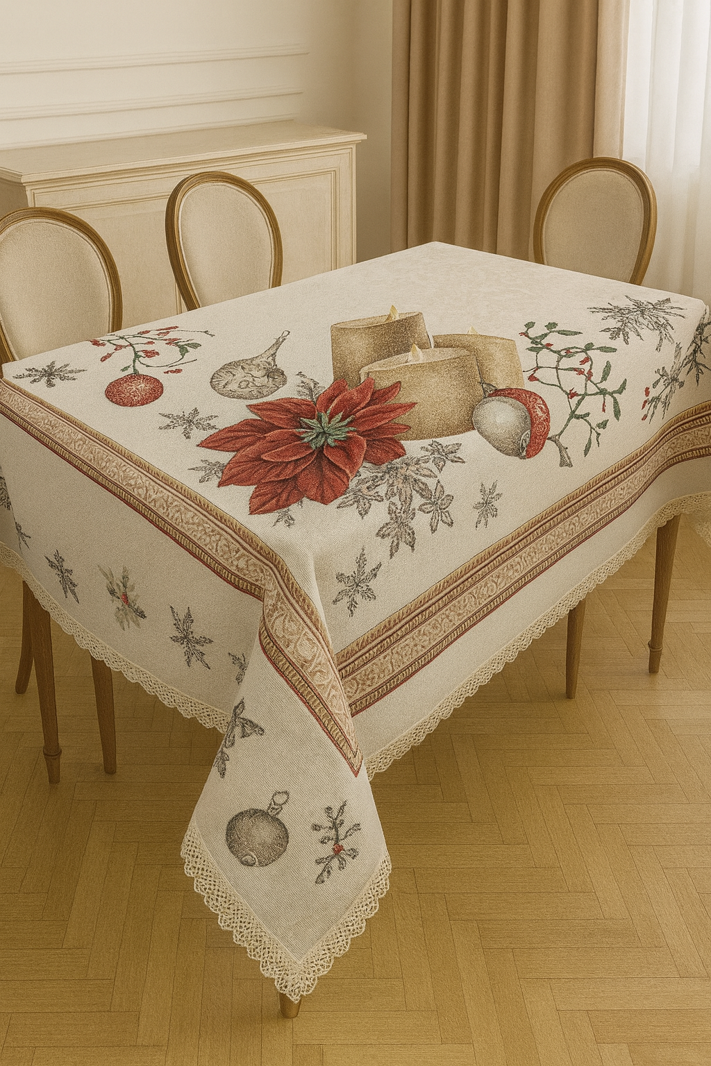 Față de masă tip goblen – Poinsettia & Lumânări, tratată anti-pete (180×140 cm)