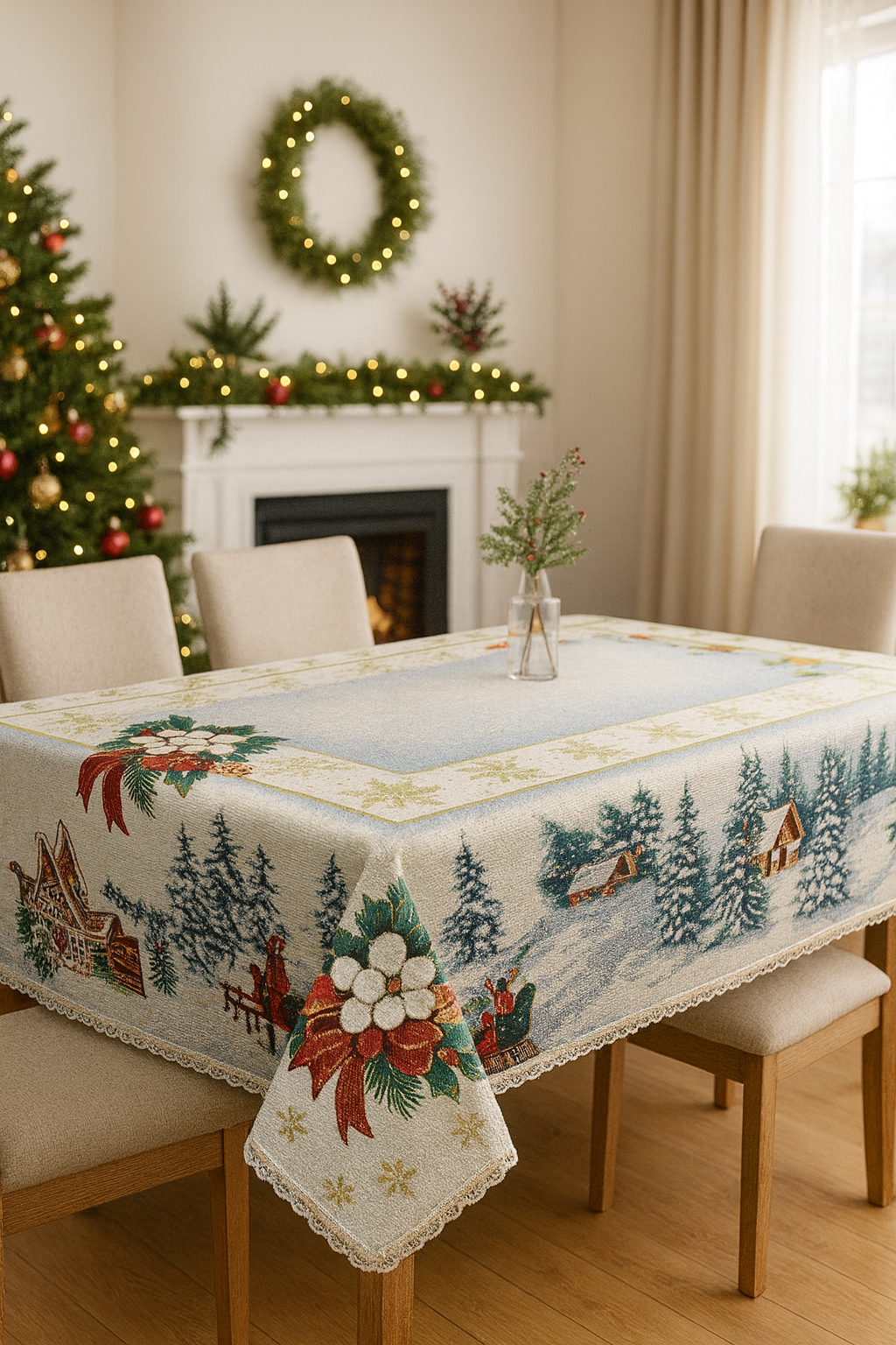 Fata de masă tip goblen – model Crăciun „Sat de iarnă & sanie”  (țesută, nu imprimată)