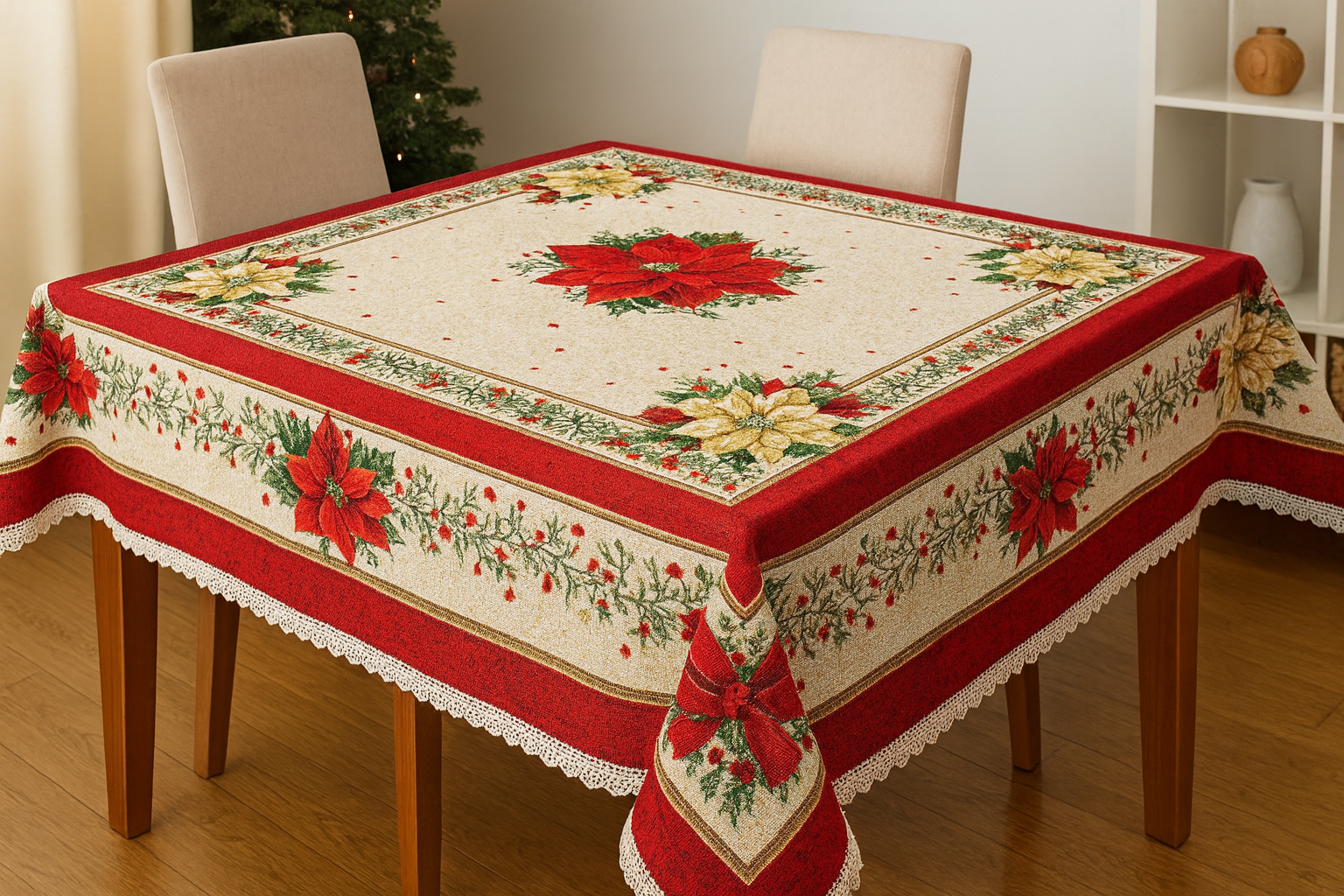 Față de masă Goblen de Crăciun 100x100 cm (1m/1m) – Poinsettia & Fundiță, țesută (nu imprimată), aspect premium